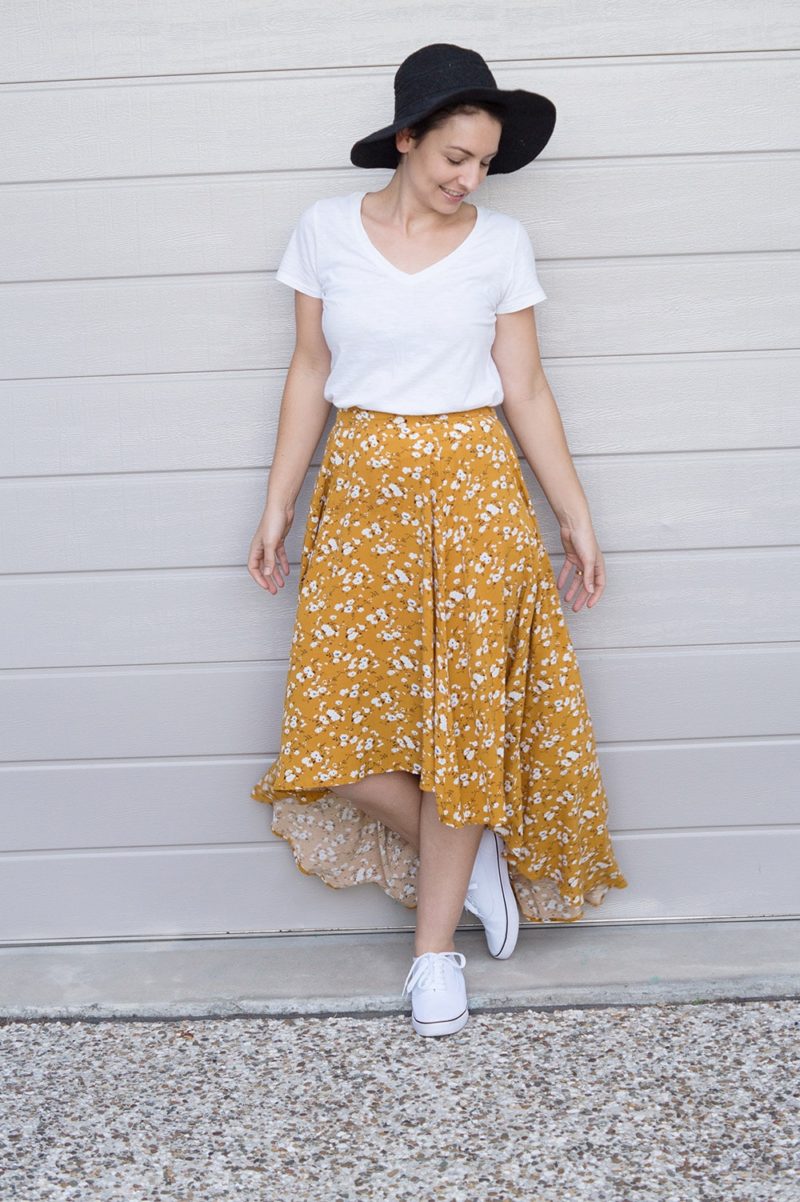 Flowy and fabulous, the ladies high low skirt sewing pattern gives you HIGH impact with LOW effort! It's got maximum wow factor and is a really quick and easy sew!With the Hayley you get a five-panel skirt with an elasticated back waist and a brilliantly billowy back train! Even better… you can add POCKETS! And a sash that you can tie in the front or the back.