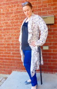 This ladies knit coat sewing pattern is the perfect blend of cardigan and coat: soft and drapey like a cardi, and shaped at the waist like a coat.